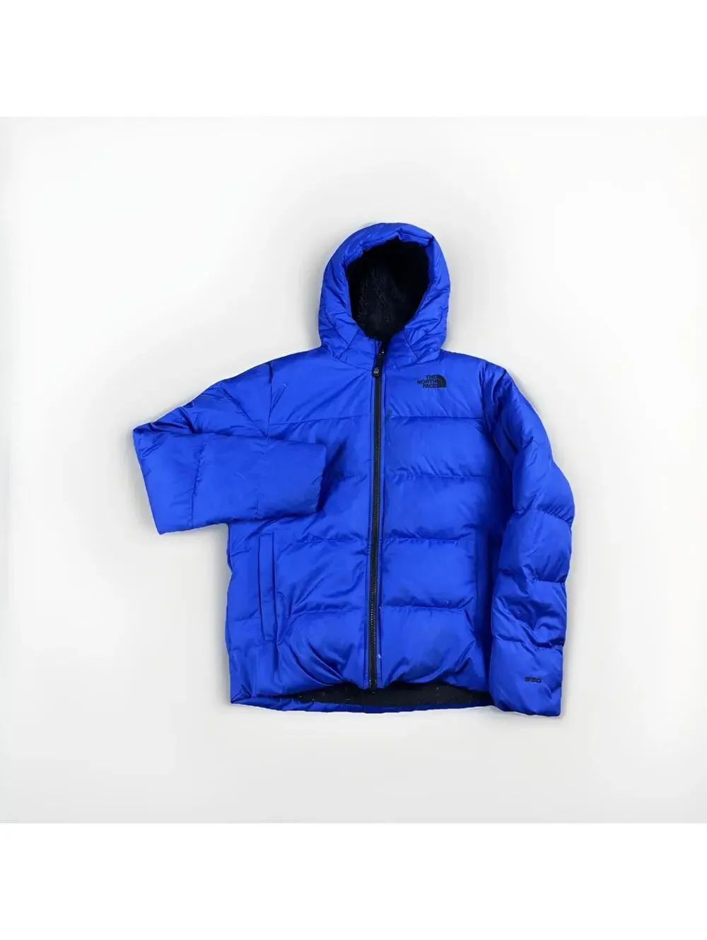 Y2K The North Face Down Sherpa Lined Puffer Jacket 550 Blue Hooded Boys L 14/16